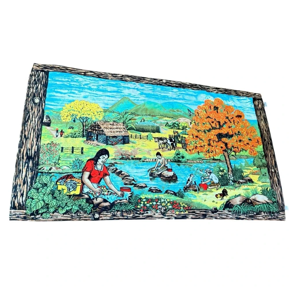 Vintage 1970s Hilasal Beach Towel Folk Art Village River Scene Landscape Bath